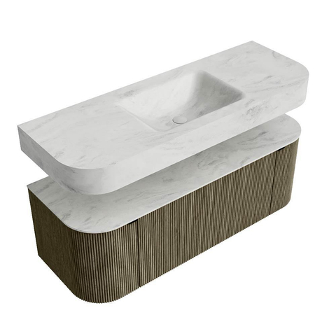 MONDIAZ THOR-DLUX Meuble de salle de bains 130cm arrondi gauche + droite couleur Shadow avec 1 tiroir et 2 portes. Vasque suspendue CLOUD Milieu sans trou de robinet couleur Opalo. SW1463748