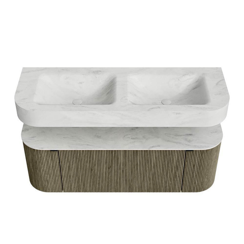 MONDIAZ THOR-DLUX 130cm meuble de salle de bains arrondi gauche + droite couleur Shadow avec 1 tiroir et 2 portes. Vasque suspendue CLOUD Double sans trou de robinet couleur Opalo. SW1463773