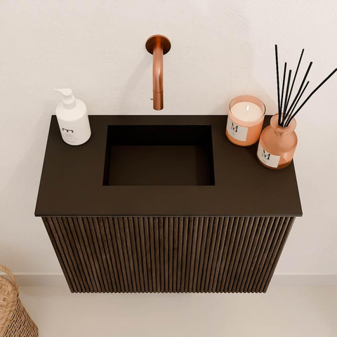 Mondiaz JOYA 50cm meuble de toilette - couleur Walnut - Lavabo FAYE position Gauche Sans trou de robinet couleur Urban. SW1421395