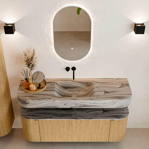 MONDIAZ THOR-DLUX 140cm meuble de salle de bains arrondi gauche + droite couleur Oak avec 1 tiroir et 2 portes. Vasque suspendue CLOUD Milieu sans trou de robinet couleur Sombra. SW1464359