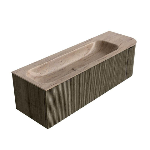 MONDIAZ KURVE-DLUX meuble de salle de bains 145cm arrondi à droite couleur Shadow avec 1 tiroir et 1 porte. Lavabo BIG LARGE à gauche 2 trous de robinet Saba. SW1433273