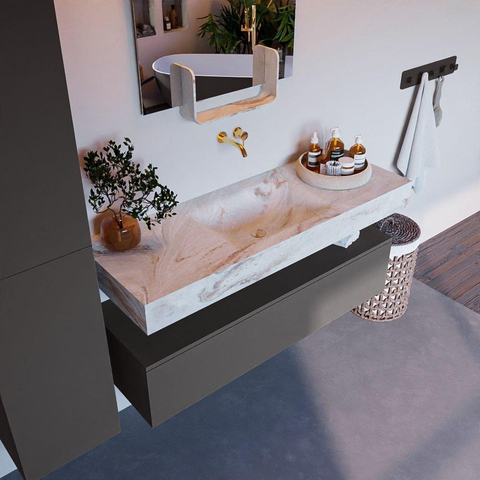 Mondiaz ALAN-DLUX Ensemble de meuble - 130cm - meuble Dark grey mat - 1 tiroir - Lavabo Cloud Frappe suspendu - vasque Centre - 0 trous de robinet SW805382