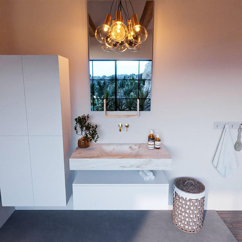Mondiaz ALAN-DLUX Ensemble de meuble - 100cm - meuble Talc mat - 1 tiroir - Lavabo Cloud Frappe suspendu - vasque Centre - 0 trous de robinet SW804848