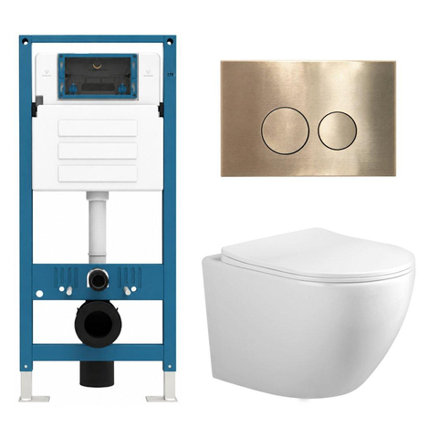 Adema Salina 2.0 Toiletset - 48.5x36x32cm - diepspoel - spoelrandloos - QeramiQ inbouwreservoir - softclose - quickrelease - toiletzitting - goud geborsteld metalen bedieningsplaat - ronde knoppen - wit SW1474585