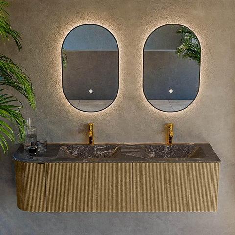 Mondiaz KURVE-DLUX Ensemble de meuble de salle de bains - 155x46x40cm - 2 tiroirs - 1 porte - plan vasque solid surface - double / droite - 2 trous de robinet - Dusk SW1415557