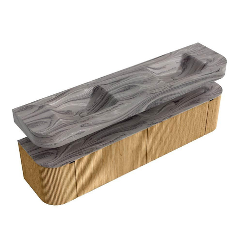 MONDIAZ THOR-DLUX Meuble de salle de bains 190cm arrondi gauche + droite couleur Oak avec 2 tiroirs et 2 portes. Vasque suspendue CLOUD Double 2 trous de robinet couleur Sombra. SW1466696