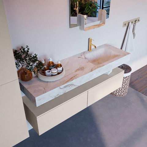 Mondiaz ALAN-DLUX Ensemble de meuble - 150cm - meuble Linen mat - 2 tiroirs - Lavabo Cloud Frappe suspendu - vasque Droite - 1 trou de robinet SW805003