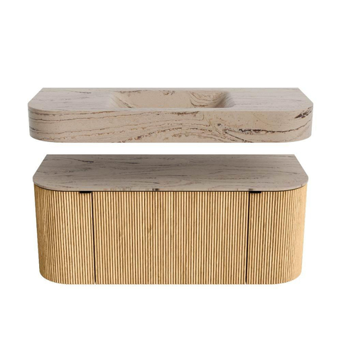 MONDIAZ THOR-DLUX 110cm badmeubel ronding links + rechts kleur Oak met 1 lade en 2 deuren. Vrijhangende wastafel CLOUD Midden 1 kraangat kleur Arena. SW1462706