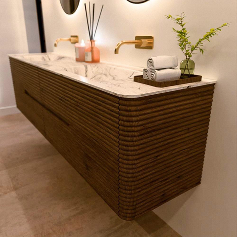 Mondiaz CIRO-DLUX Meuble de salle de bains - 190x45x50cm - Plan-vasque solid surface Glace - 2 vasques Double - sans trous de robinet - 4 tiroirs - Dusk SW1533013