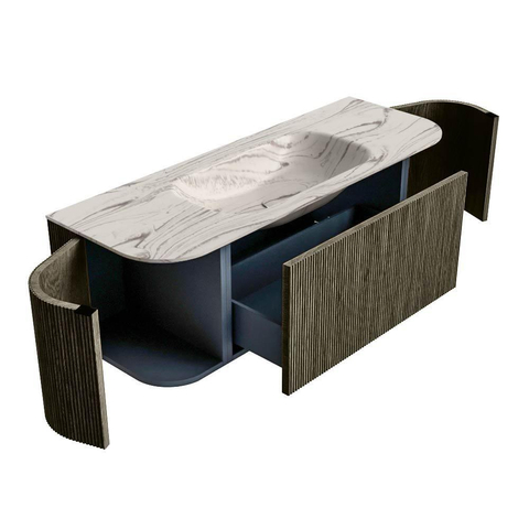 MONDIAZ KURVE-DLUX Meuble de salle de bains 130cm arrondi Gauche + Droite couleur Shadow avec 1 tiroir et 2 portes. Lavabo BIG SMALL Central sans trou de robinet Nata. SW1432272