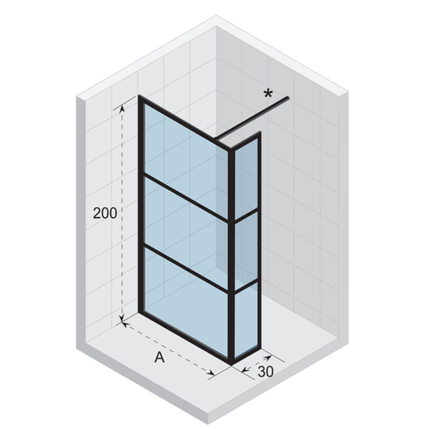 Riho Grid inloopdouche 100x200cm met 30cm zijwand zwart profiel en helder glas SW258606