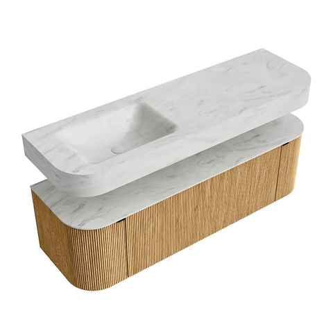 MONDIAZ THOR-DLUX 150cm badmeubel ronding links + rechts kleur Oak met 1 lade en 2 deuren. Vrijhangende wastafel CLOUD Links 1 kraangat kleur Opalo. SW1464613