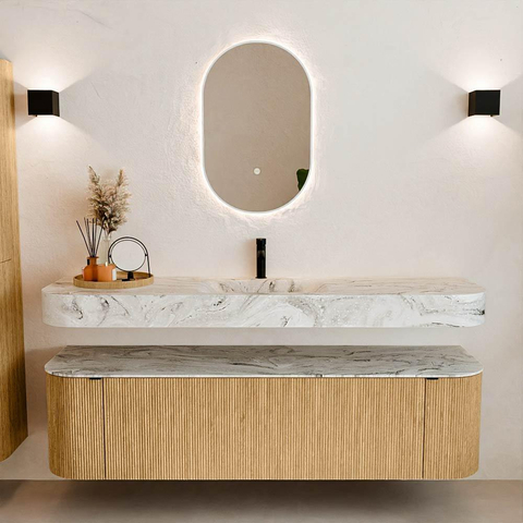 MONDIAZ THOR-DLUX Meuble de salle de bains 170cm arrondi gauche + droite couleur Oak avec 1 tiroir et 2 portes. Vasque suspendue CLOUD Milieu 1 trou de robinet couleur Glace. SW1465425