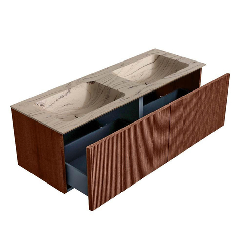 MONDIAZ KURVE-DLUX Meuble de salle de bains 130cm couleur Ruby avec 2 tiroirs et 0 portes. Lavabo LEAF Double sans trou de robinet Arena. SW1431546