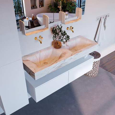 Mondiaz ALAN-DLUX Ensemble de meuble - 130cm - meuble Talc mat - 2 tiroirs - Lavabo Cloud Frappe suspendu - vasque Gauche et droite - 0 trous de robinet SW804862