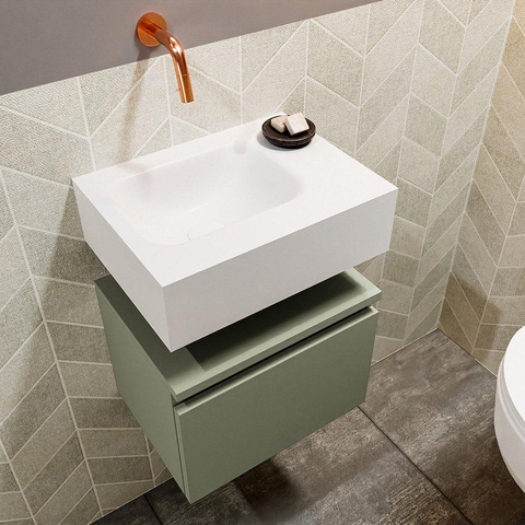 MONDIAZ ANDOR Toiletmeubel 40x30x30cm met 0 kraangaten 1 lades army mat Wastafel Lex links Solid Surface Wit SW474059