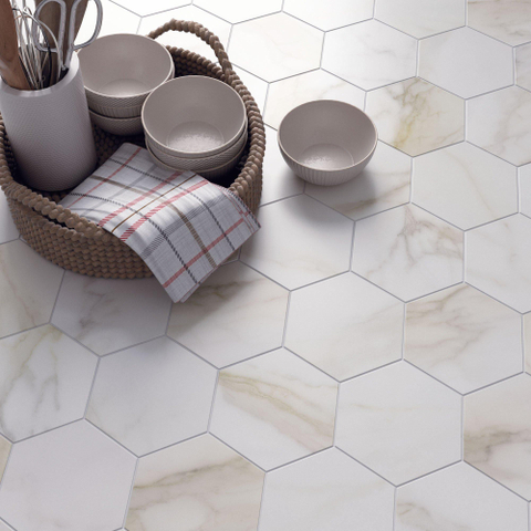 ÉCHANTILLON Terravito Tovaro carreau mural et de sol - 15x17cm - 9mm - Hexagone - Aspect marbre - Blanc mat SW735647