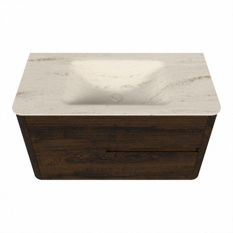 Mondiaz CIRO-DLUX Badkamermeubelset - 90x45x50cm - Solid surface wastafel Meli - 1 wasbak Midden - zonder kraangaten - 2 lades - Walnut SW1530466