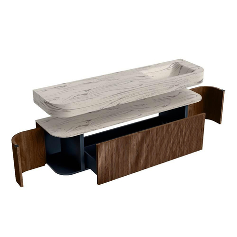 MONDIAZ THOR-DLUX Meuble de salle de bains - 170cm - arrondi gauche + droite - couleur Walnut - 1 tiroir - 2 portes - Vasque suspendue CLOUD droite sans trou de robinet - couleur Nata SW1465786