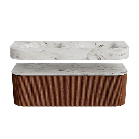 MONDIAZ THOR-DLUX 140cm meuble de salle de bains arrondi gauche + droite couleur Ruby avec 1 tiroir et 2 portes. Vasque suspendue CLOUD Double sans trou de robinet couleur Glace. SW1464243
