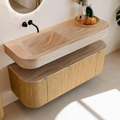 MONDIAZ THOR-DLUX 130cm badmeubel ronding links + rechts kleur Oak met 1 lade en 2 deuren. Vrijhangende wastafel CLOUD Links zonder kraangat kleur Saba. SW1464036