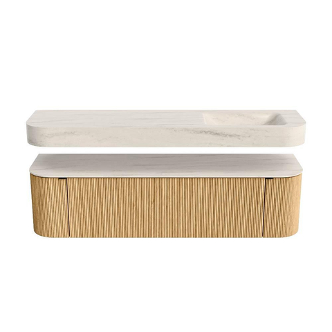 MONDIAZ THOR-DLUX Meuble de salle de bains 170cm arrondi gauche + droite couleur Oak avec 1 tiroir et 2 portes. Vasque suspendue CLOUD Droite sans trou de robinet couleur Meli. SW1465736