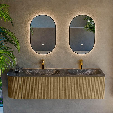 Mondiaz KURVE-DLUX Ensemble de meubles de salle de bains - 165x46x40cm - 2 tiroirs - 1 porte - vasque solid surface - double / droite - 2 trous de robinet - Dusk SW1415563