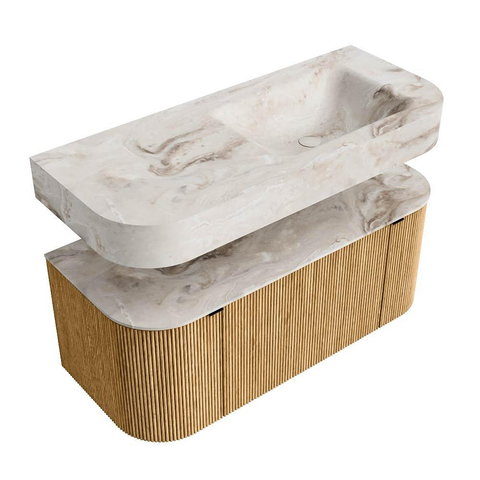 MONDIAZ THOR-DLUX 110cm badmeubel ronding links + rechts kleur Oak met 1 lade en 2 deuren. Vrijhangende wastafel CLOUD Rechts zonder kraangat kleur Frappe. SW1462729