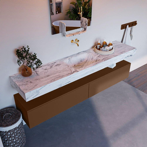 Mondiaz ALAN-DLUX Ensemble de meuble - 200cm - meuble Rust mat - 2 tiroirs - Lavabo Cloud Glace suspendu - vasque Centre - 0 trous de robinet SW805792