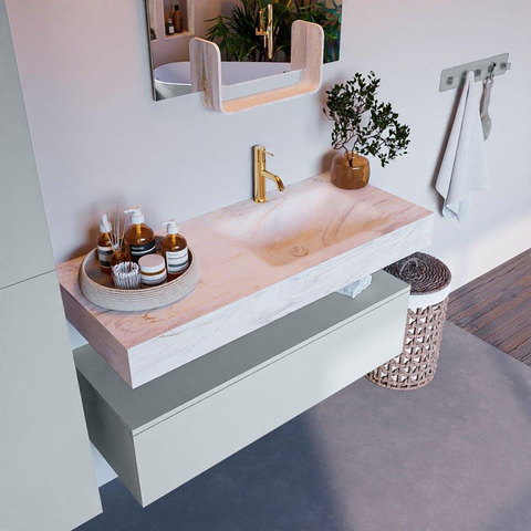 Mondiaz ALAN-DLUX Ensemble de meuble - 110cm - meuble - Clay mat - 1 tiroir - Lavabo Cloud Ostra suspendu - vasque droite - 1 trou de robinet - Beige SW807779