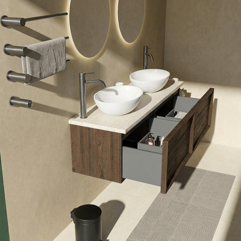 Saniclass Holz Frame Badkamermeubelset - 140x45x43cm - Travertine natuurstenen topblad - 2 kraangaten - 2 lades - mat eiken charcoal (hout) SW1478903