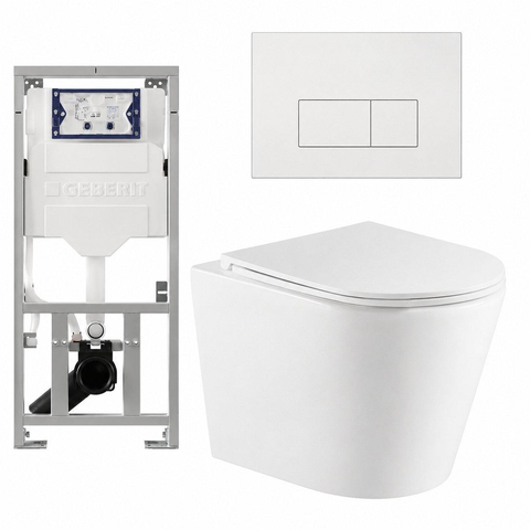 QeramiQ Dely Pack WC cuvette sans bride 36.3x51.7cm avec bâti-support Geberit UP320 abattant WC blanc mat frein de chute et plaque de commande Blanc mat boutons Rectangulaires SW804604
