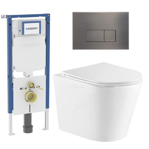 QeramiQ Dely Toiletset - 36.3x51.7cm - diepspoel - rimless - Geberit UP720 inbouwreservoir - softclose toiletzitting - gunmetal bedieningsplaat - rechtehoekige knoppen - met Burda frame - glans wit SW1428252