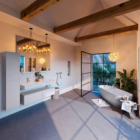Mondiaz ALAN-DLUX Ensemble de meuble - 130cm - meuble Cale mat - 2 tiroirs - Lavabo Cloud Opalo suspendu - vasque Gauche et droite - 2 trous de robinet SW806531