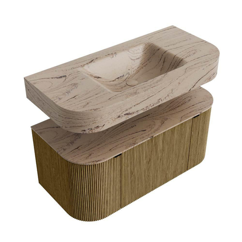MONDIAZ THOR-DLUX 100cm meuble de salle de bains arrondi gauche + droite couleur Dusk avec 1 tiroir et 2 portes. Vasque suspendue CLOUD Milieu sans trou de robinet couleur Arena. SW1467452