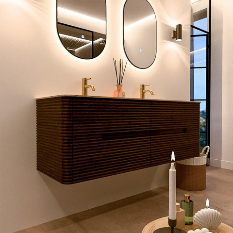 Mondiaz CIRO-DLUX Badkamermeubelset - 140x45x50cm - Solid surface wastafel Arena - 2 wasbak Dubbel - 2 kraangaten - 4 lades - Walnut SW1530528