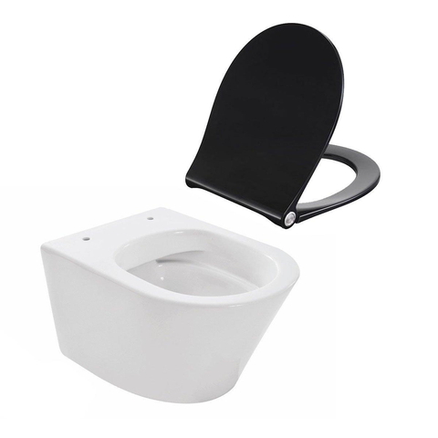Wiesbaden Vesta Junior WC suspendu – compact – sans bride – 35,5 x 47 cm – avec abattant softclose noir – blanc brillant SW705617