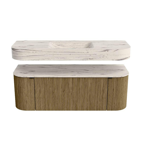 MONDIAZ THOR-DLUX 130cm meuble de salle de bains arrondi gauche + droite couleur Dusk avec 1 tiroir et 2 portes. Vasque suspendue CLOUD Milieu 1 trou de robinet couleur Nata. SW1463867