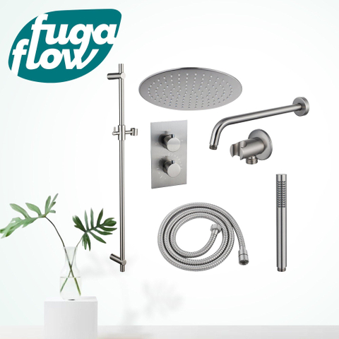 FugaFlow Eccelente Sobrado Ensemble de douche encastrable - thermostatique - bras mural - barre curseur - pomme de douche 25cm - douchette stick - Inox brossé PVD SW1124082