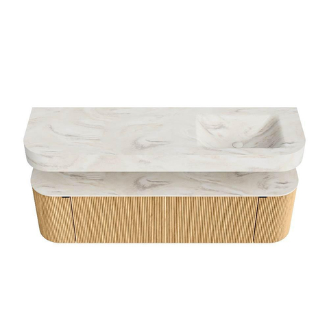 MONDIAZ THOR-DLUX 160cm badmeubel ronding links + rechts kleur Oak met 1 lade en 2 deuren. Vrijhangende wastafel CLOUD Rechts zonder kraangat kleur Ostra. SW1464984