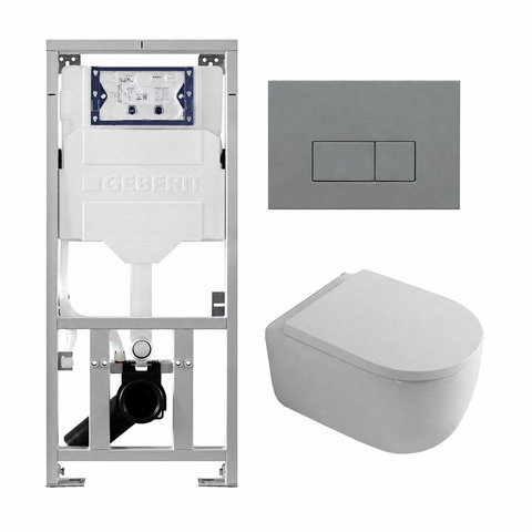 QeramiQ Dely Swirl Toiletset - 36.3x51.7cm - Geberit UP320 inbouwreservoir - met Burda frame - 35mm zitting - bedieningsplaat licht grijs - rechthoekige knoppen - mat wit SW1164399