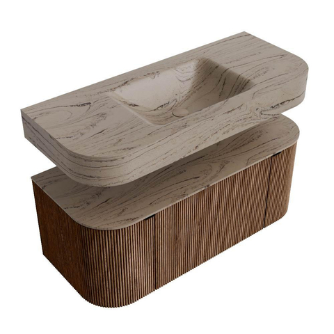 MONDIAZ THOR-DLUX 110cm badmeubel ronding links + rechts kleur Walnut met 1 lade en 2 deuren. Vrijhangende wastafel CLOUD Midden zonder kraangat kleur Arena. SW1462713