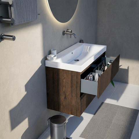 Saniclass Holz Atelier Ensemble de meubles de salle de bains - 100x45x67,5cm - lavabo Wave en céramique - 1 vasque - sans trou de robinetterie - 2 tiroirs - chêne charcoal mat (bois) SW1479034