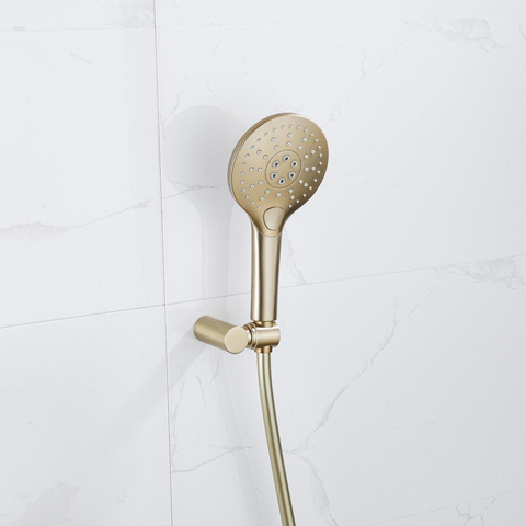 Fortifura Calvi Inbouw Regendoucheset - thermostatisch - wandarm - 30cm - hoofddouche - ronde handdouche - gladde doucheslang - PVD - geborsteld messing (goud) SW1412112