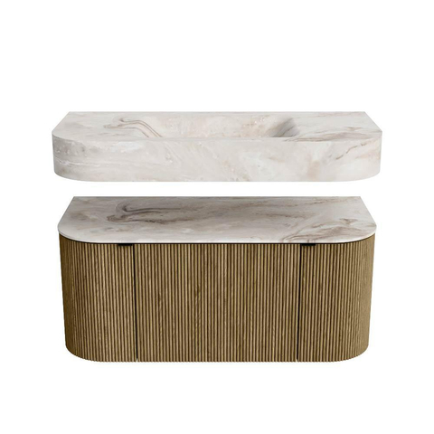 MONDIAZ THOR-DLUX 100cm meuble de salle de bains arrondi gauche + droite couleur Dusk avec 1 tiroir et 2 portes. Vasque suspendue CLOUD Milieu sans trou de robinet couleur Frappe. SW1467387