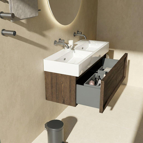 Saniclass Holz Frame Ensemble meuble de salle de bains - 120x45x52cm - Legend lavabo en céramique blanc - 2 vasques - sans trous de robinetterie - 1 tiroir - chêne charcoal mat (bois) SW1478511