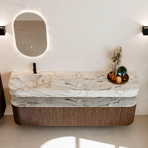 MONDIAZ THOR-DLUX Meuble de salle de bains 190cm arrondi gauche + droite couleur Walnut avec 2 tiroirs et 2 portes. Vasque suspendue CLOUD Gauche 1 trou de robinet couleur Glace. SW1466417