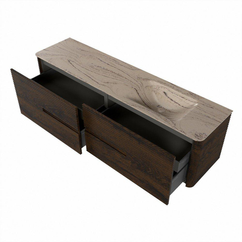 Mondiaz CIRO-DLUX Badkamermeubelset - 180x45x50cm - Solid surface wastafel Arena - 1 wasbak Rechts - 1 kraangat - 4 lades - Walnut SW1530475