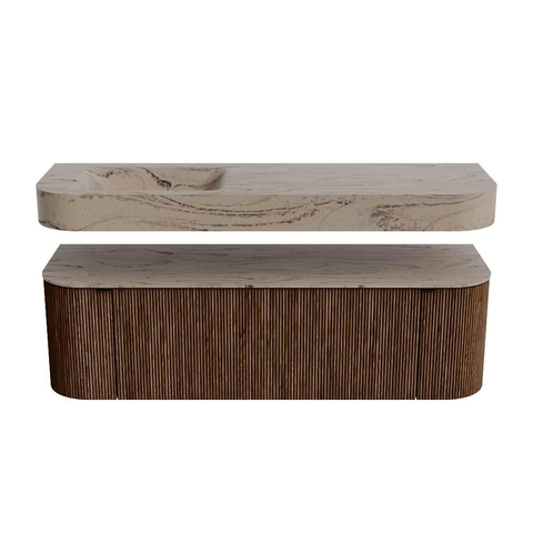 MONDIAZ THOR-DLUX 150cm meuble de salle de bains arrondi gauche + droite couleur Walnut avec 1 tiroir et 2 portes. Vasque suspendue CLOUD Gauche sans trou de robinet couleur Arena. SW1464742