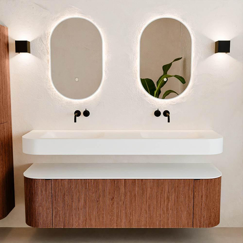 MONDIAZ THOR 160cm badmeubel ronding links + rechts kleur Ruby met 1 lade en 2 deuren. Vrijhangende wastafel CLOUD Dubbel zonder kraangat kleur Talc. SW1465235
